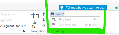 Trados Studio interface with the 'Find' dropdown menu expanded, showing 'Find Next' and 'Find Previous' options highlighted in green.
