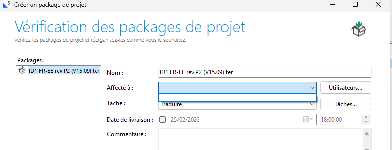Screenshot of the 'Cr er un package de projet' window showing the 'V rification des packages de projet' section with fields for 'Affect   ', 'T che', and 'Date de livraison'.