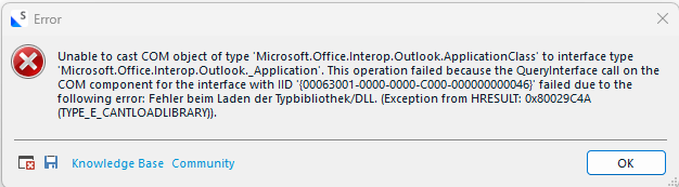 Error message stating 'Unable to cast COM object of type Microsoft.Office.Interop.Outlook.ApplicationClass to interface type Microsoft.Office.Interop.Outlook.Application'.
