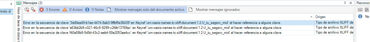 Screenshot showing three error messages in Trados Studio: 'Error en la secuencia de clave' with details about Keyref and XLIFF validation issues under the 'Mensajes' tab.