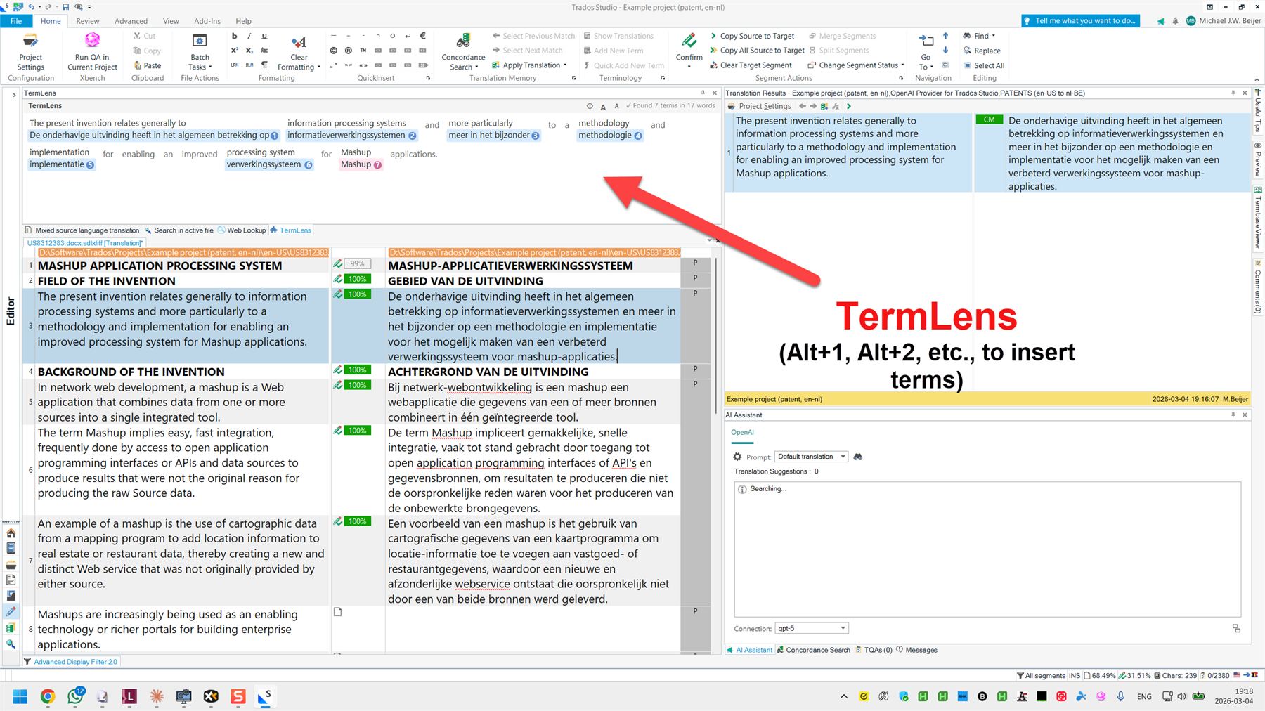 Trados Studio interface showing TermLens with a red arrow pointing to the term insertion feature and text explaining Alt+1, Alt+2, etc., to insert terms.