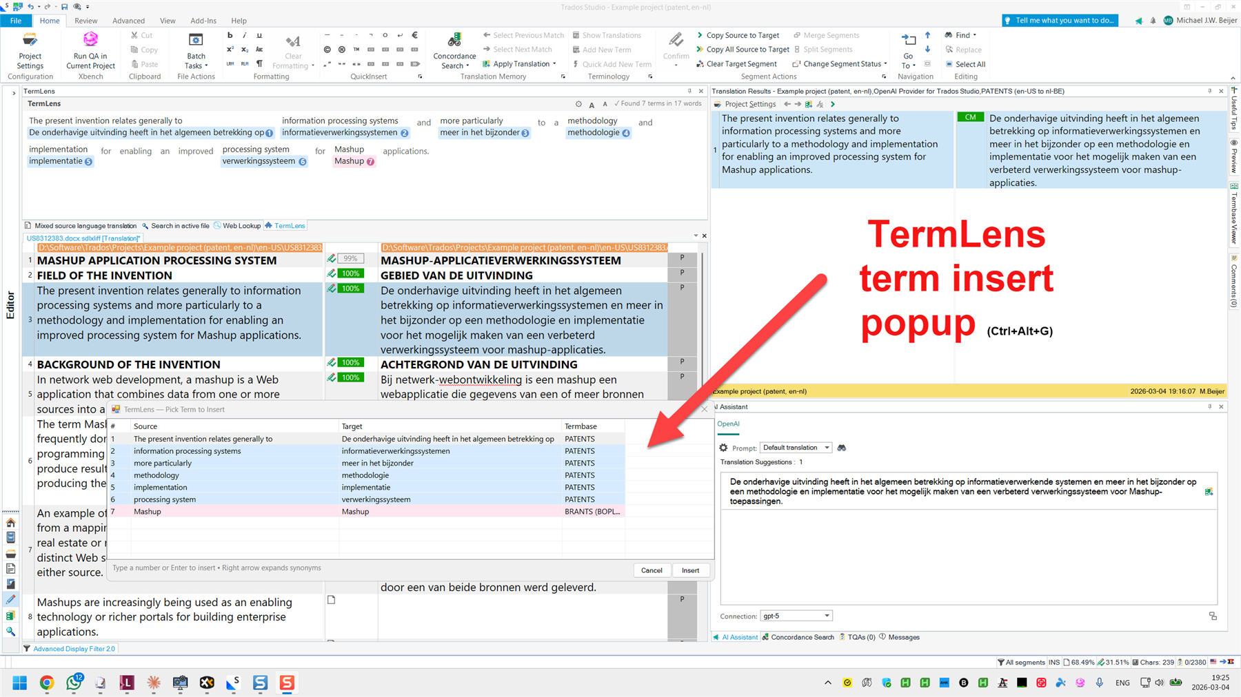 Trados Studio interface with TermLens term insert popup highlighted by a red arrow, showing source and target terms with Ctrl+Alt+G shortcut for term insertion.