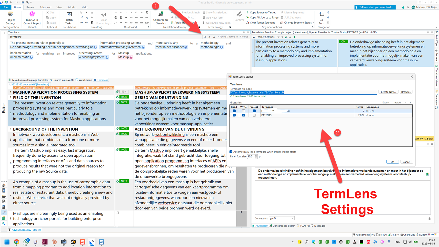 Trados Studio interface with TermLens settings window highlighted by a red arrow, showing termbase details and language pairs.