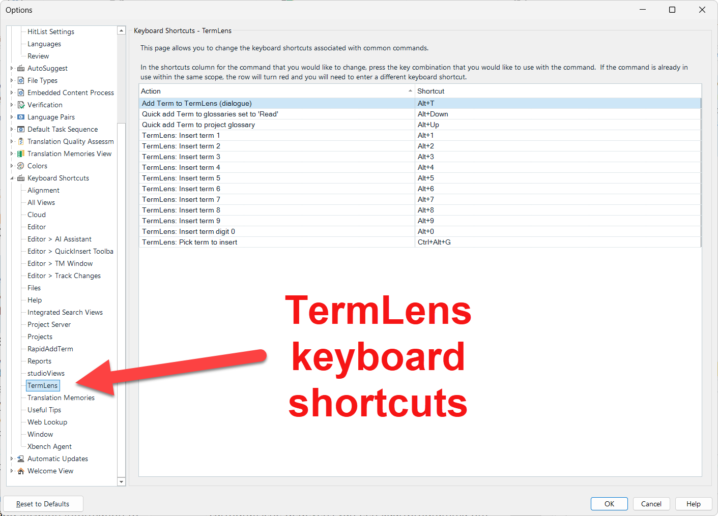 Trados Studio options window showing TermLens keyboard shortcuts, with a red arrow pointing to the TermLens section and shortcut keys for term insertion.