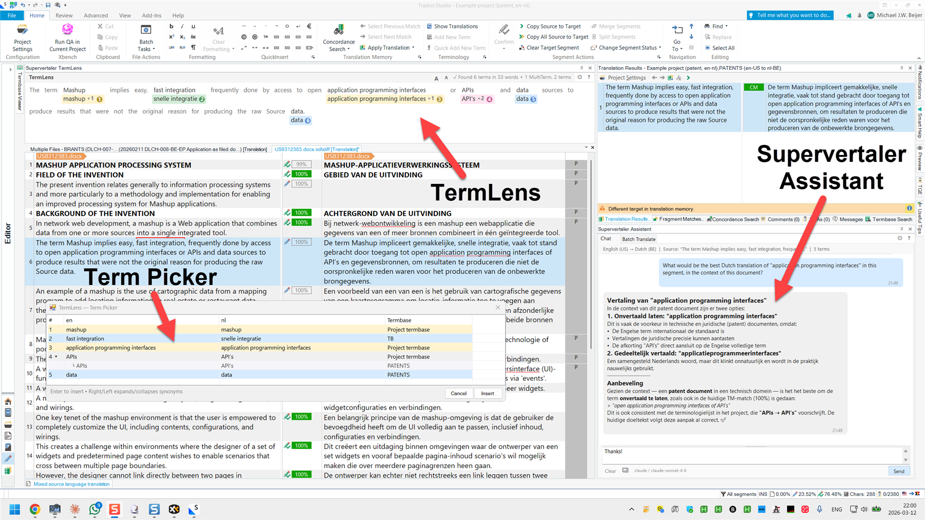 Screenshot of Trados Studio interface showing the TermLens, Term Picker, and Supervertaler Assistant features with highlighted terms and translation suggestions.