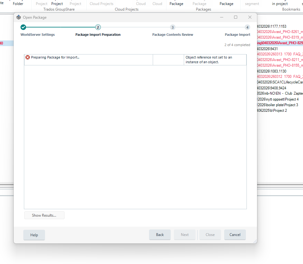 Screenshot of the Trados Studio interface showing the 'Open Package' window. The 'Package Import Preparation' step is active, with an error message: 'Object reference not set to an instance of an object.'