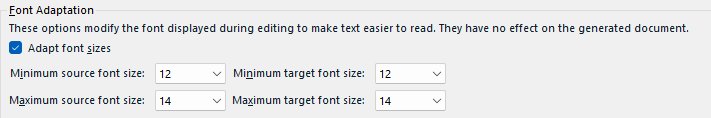 Font Adaptation settings in Trados Studio showing options to adapt font sizes with minimum and maximum source and target font sizes set to 12 and 14 respectively.