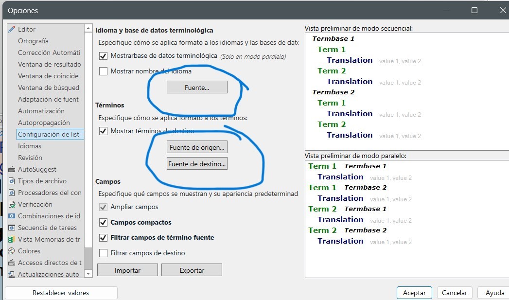 Trados Studio options window in Spanish showing terminology database settings, term source and destination buttons, and preview modes for sequential and parallel views.