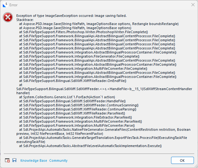 Error message window showing 'Exception of type ImageSaveException occurred: Image saving failed' with a detailed stack trace and options for Knowledge Base and Community.