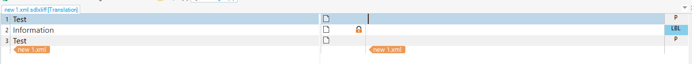 A screenshot of the Trados Studio editor displaying a file with three segments, one of which is locked and labeled as 'LBL' in the document structure column.