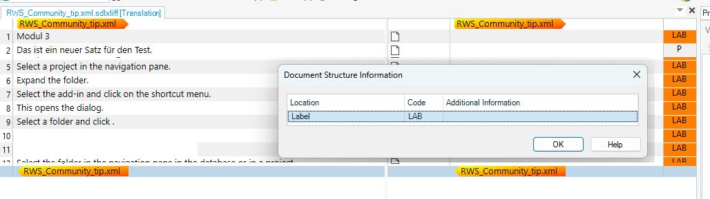 Screenshot of Trados Studio editor showing a document with labeled segments and a 'Document Structure Information' dialog displaying 'Label' with code 'LAB'.