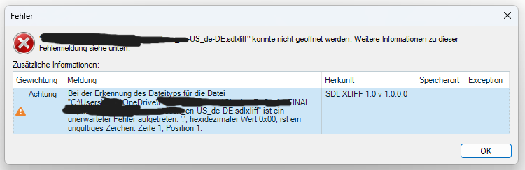Error message in Trados Studio stating that the file cannot be opened. Additional information mentions an invalid character at line 1, position 1, with hexadecimal value 0x00.