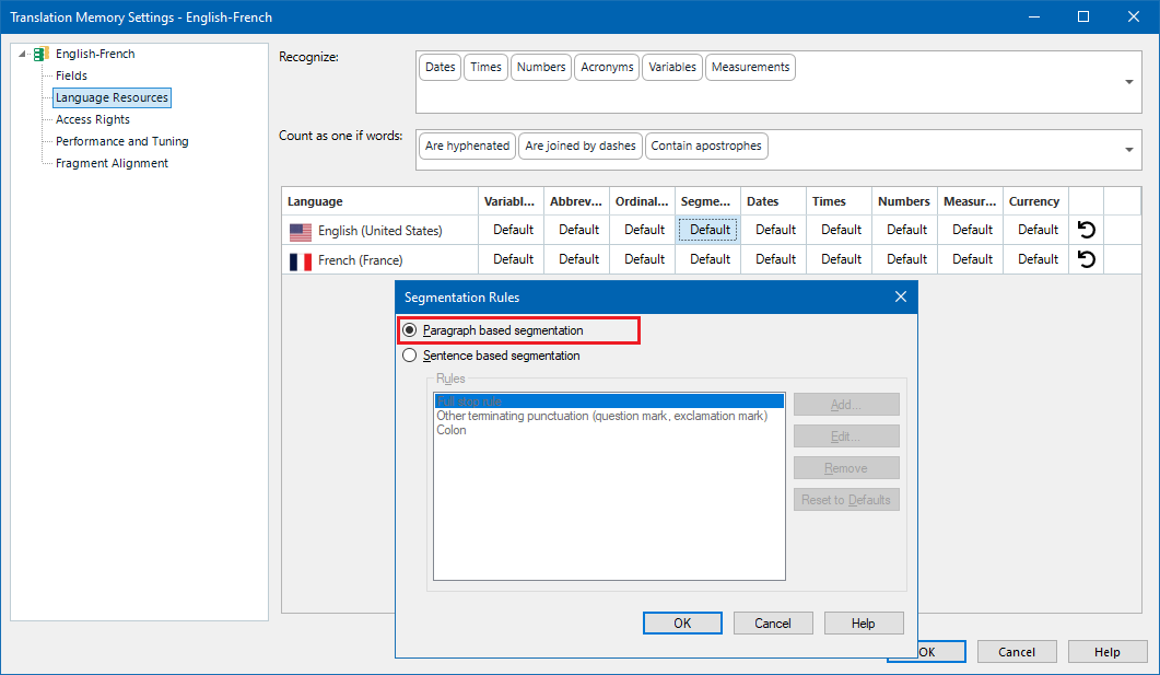 Trados Studio Translation Memory Settings window showing segmentation rules with 'Paragraph based segmentation' selected and highlighted in red.