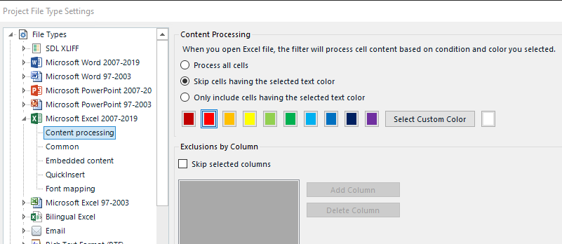 Trados Studio Project File Type Settings window showing Content Processing options for Microsoft Excel 2007-2019. Options include processing all cells, skipping cells with selected text color, or including only cells with selected text color. A color palette and 'Select Custom Color' button are visible. Exclusions by column section is also displayed with 'Add Column' and 'Delete Column' buttons grayed out.