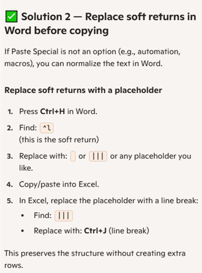 Screenshot showing Solution 2 for replacing soft returns in Word before copying. Steps include using Ctrl+H to find and replace soft returns with placeholders, then replacing them in Excel with Ctrl+J.