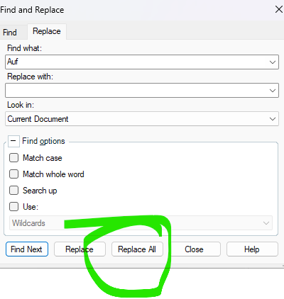 Find and Replace dialog box in Trados Studio with 'Replace All' button highlighted in green.