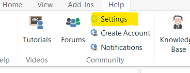 Screenshot of the Trados Studio Help menu with the Settings option highlighted in yellow under the Community section.