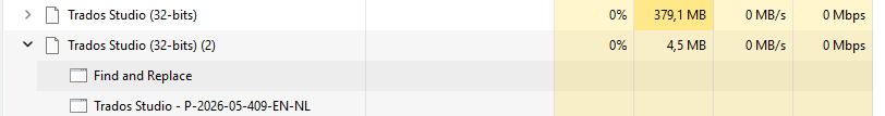 Task Manager showing two instances of Trados Studio (32-bits), one with 379.1 MB memory usage and another with 4.5 MB memory usage. 'Find and Replace' window is listed under the second instance.
