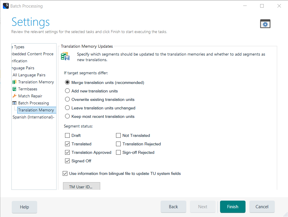 Settings window for Batch Processing with 'Merge translation units (recommended)' selected and options for segment status like 'Translated' and 'Translation Approved' checked.