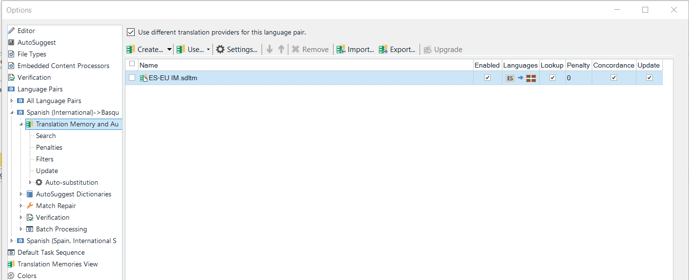 Options window showing Translation Memory and Automated Translation for Spanish (International) -> Basque with a file named 'ES-EU IM.sdltm' enabled and update checkbox selected.