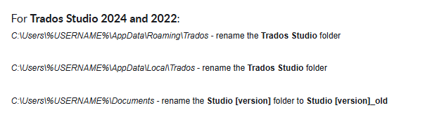 Instructions for Trados Studio 2024 and 2022 showing three file paths: AppDataRoamingTrados, AppDataLocalTrados, and Documents, with renaming instructions for each folder.