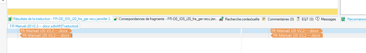Trados Studio editor view showing translation results for the file 'FR-Manuel i20 V2.2---docx.sdlxliff' with highlighted segments and contextual information in the toolbar.