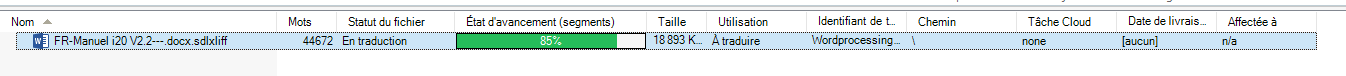 Trados Studio project file list showing a file named 'FR-Manuel i20 V2.2---docx.sdlxliff' with 44672 words, 85% progress, and file details such as size and usage.