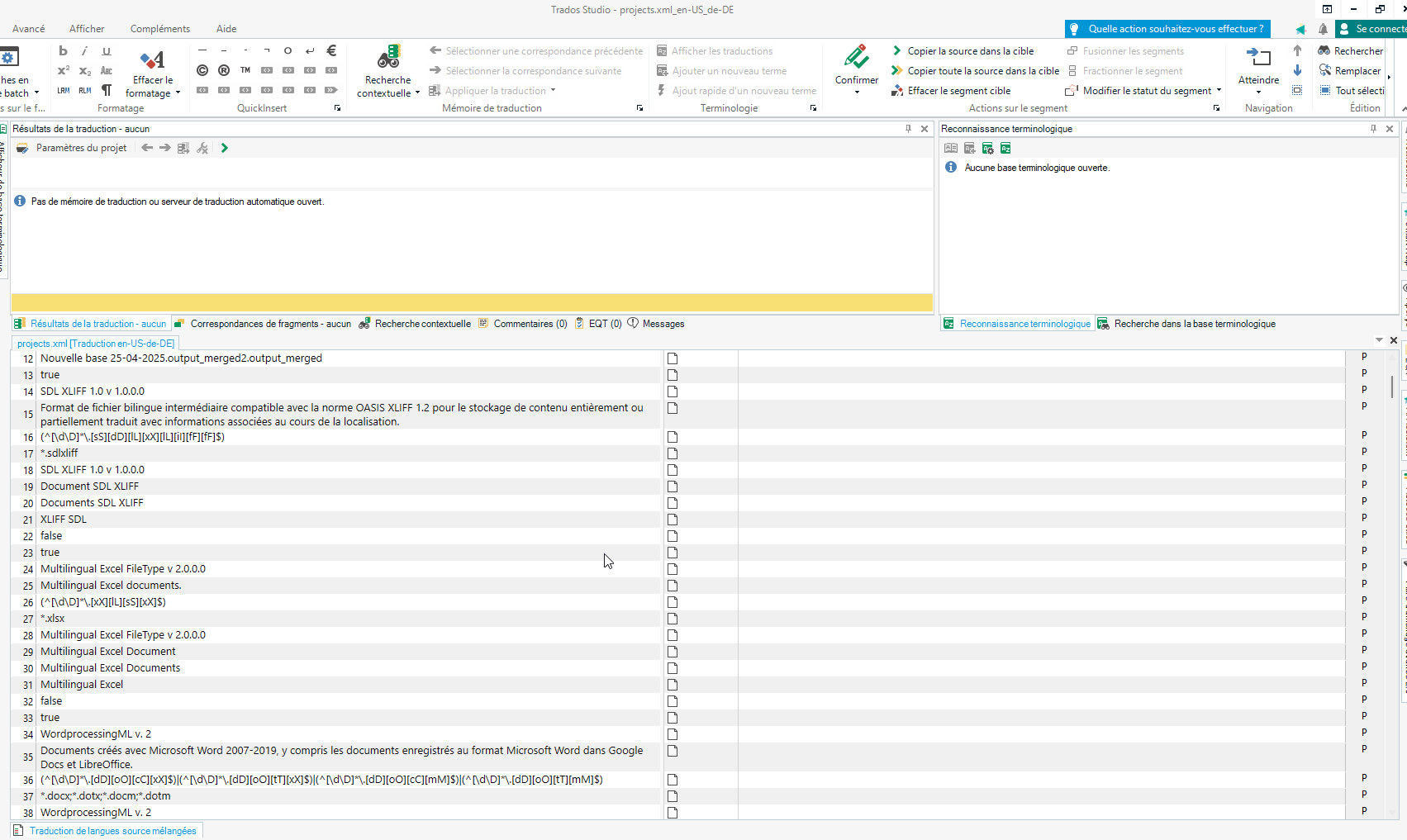 Trados Studio interface showing a project file with translation results, terminology recognition, and file details. No translation memory or terminology base is open.