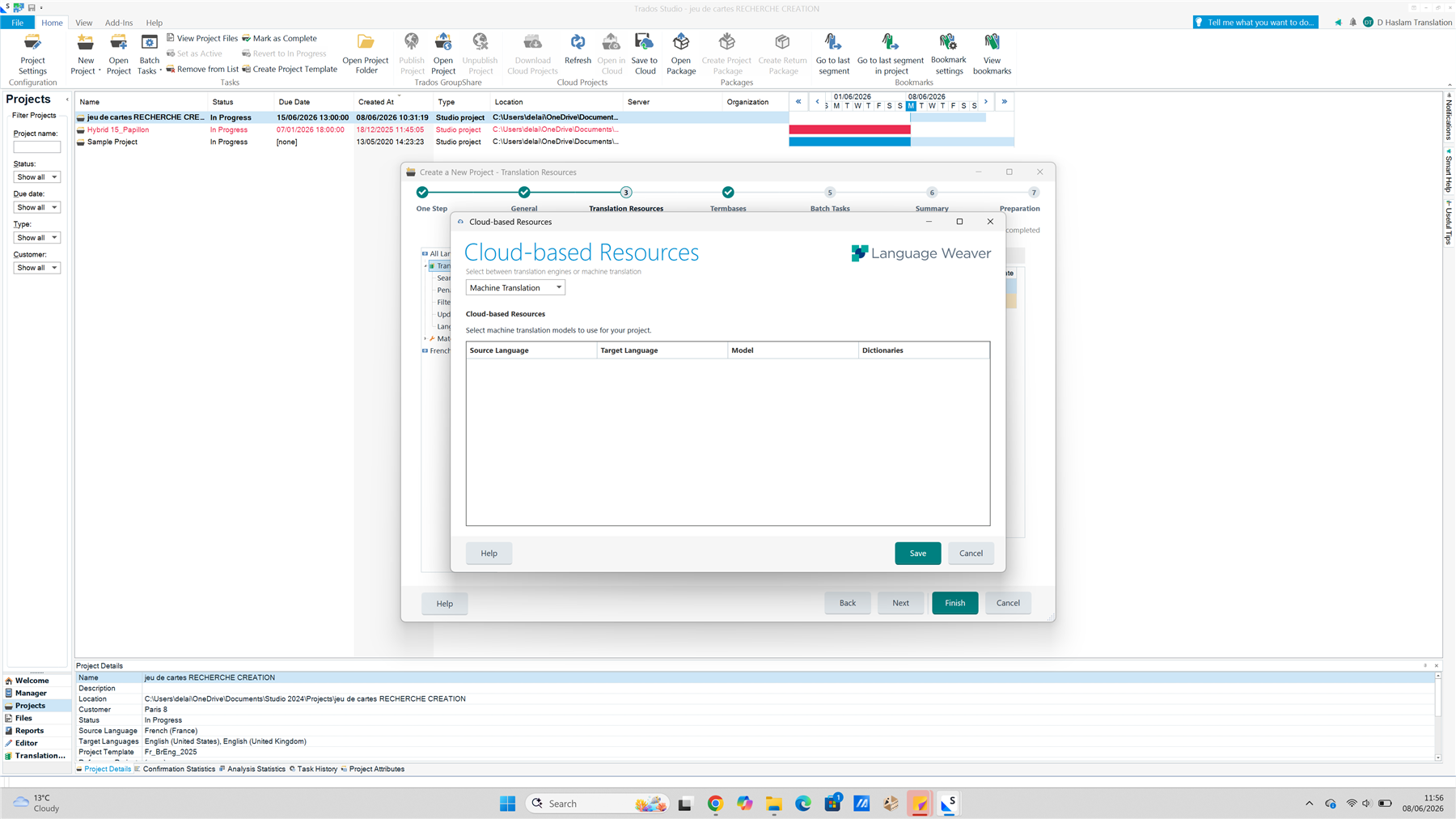 Screenshot of Trados Studio interface showing the Projects view with a list of projects, their statuses, due dates, and other details. A 'Cloud-based Resources' window is open in the foreground, displaying options for machine translation with no models or dictionaries listed.