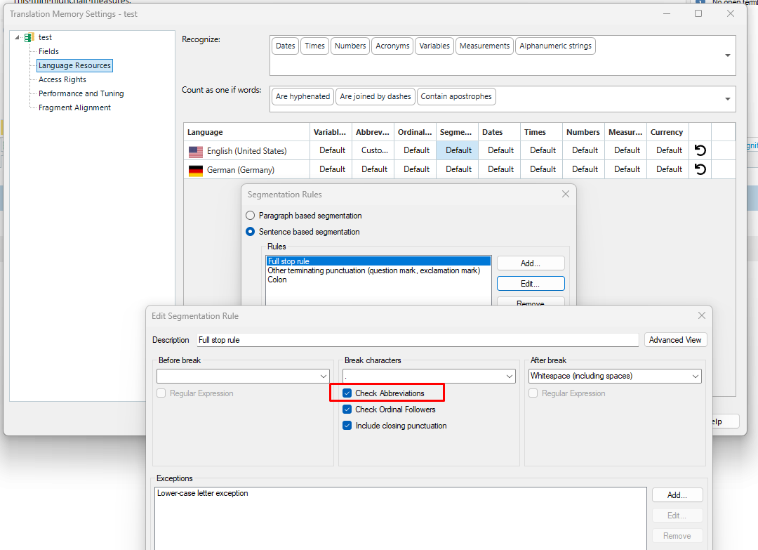 Trados Studio Translation Memory Settings window with Segmentation Rules open. The 'Check Abbreviations' option is highlighted in red within the Full Stop Rule settings.