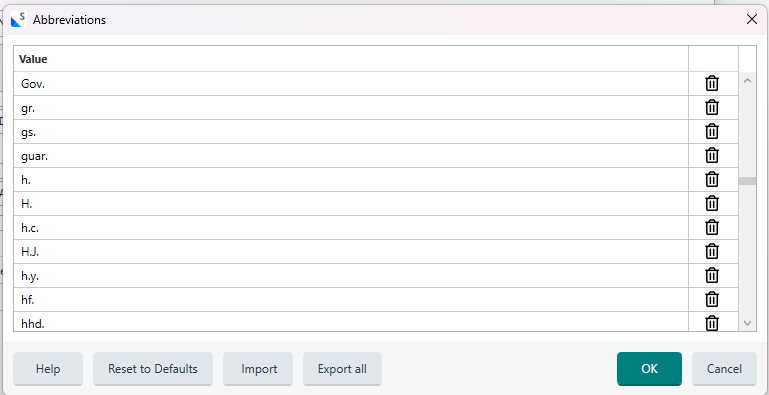 Abbreviations list window in Trados Studio displaying various abbreviations such as Gov., gr., gs., and H. with options to delete each entry.