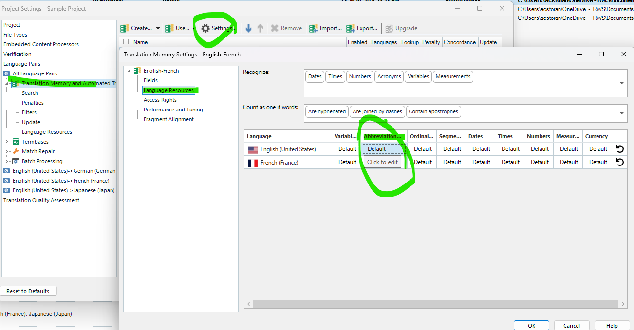 Trados Studio Project Settings window showing Translation Memory Settings for English-French. Abbreviation settings are highlighted with green circles.