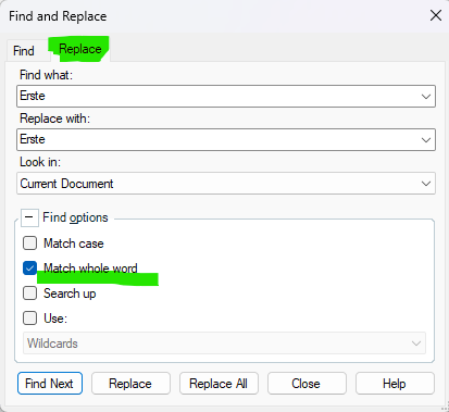 Find and Replace dialog box in Trados Studio with 'Erste' entered in 'Find what' and 'Replace with' fields. 'Match whole word' option is checked. Buttons include Find Next, Replace, Replace All, Close, and Help.