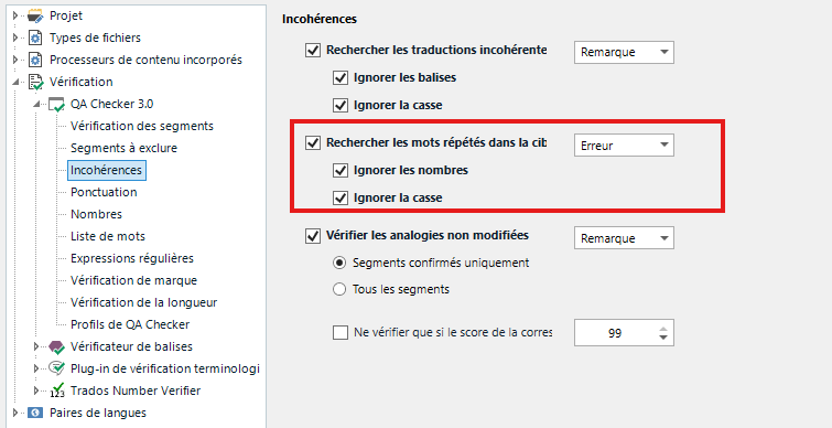 QA Checker settings in Trados Studio showing options for detecting repeated words, with 'Rechercher les mots r p t s dans la cib' highlighted in red.