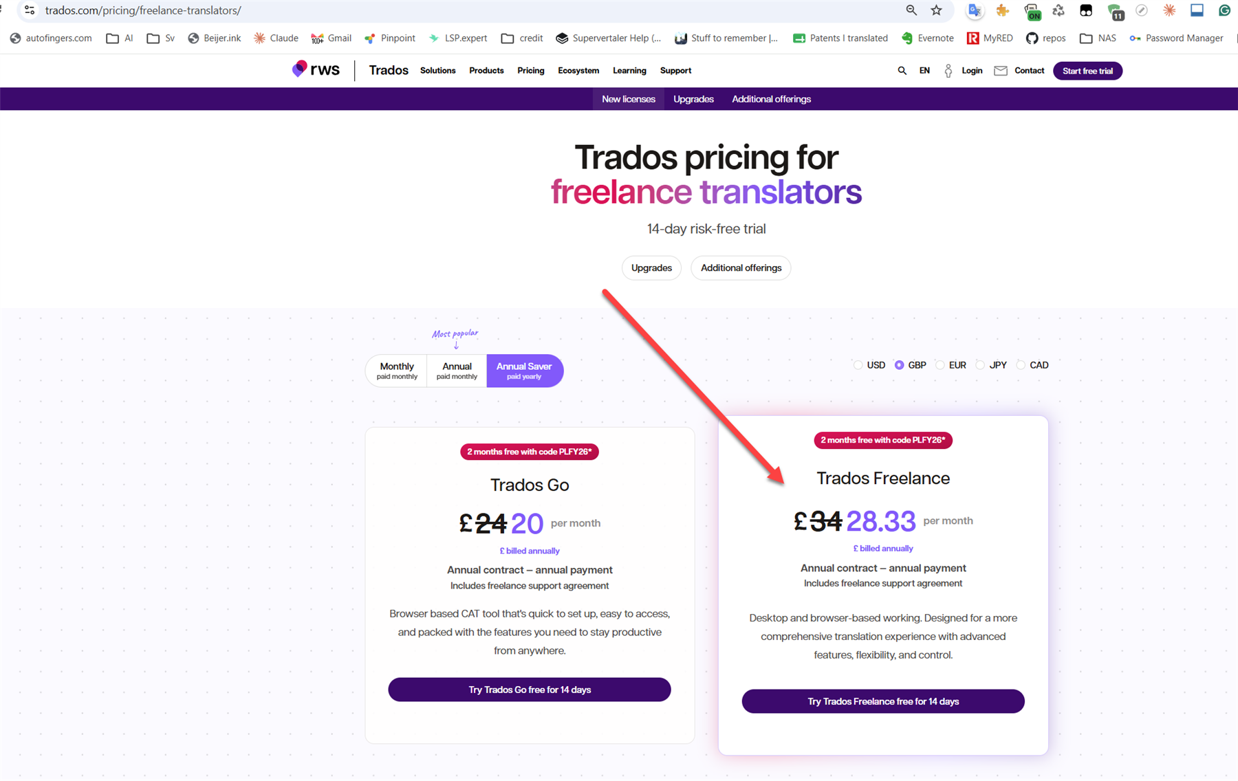 Screenshot of the Trados pricing page for freelance translators, showing options for Trados Go and Trados Freelance with monthly and annual pricing details.