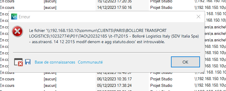 Detailed error message in Trados Studio indicating a specific file on a network path is not found.