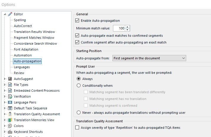 Trados Studio screenshot showing Auto-propagation settings with 'Enable Auto-propagation' checked, 'Minimum match value' set to 100, and options for confirming segments after auto-propagating an exact match.
