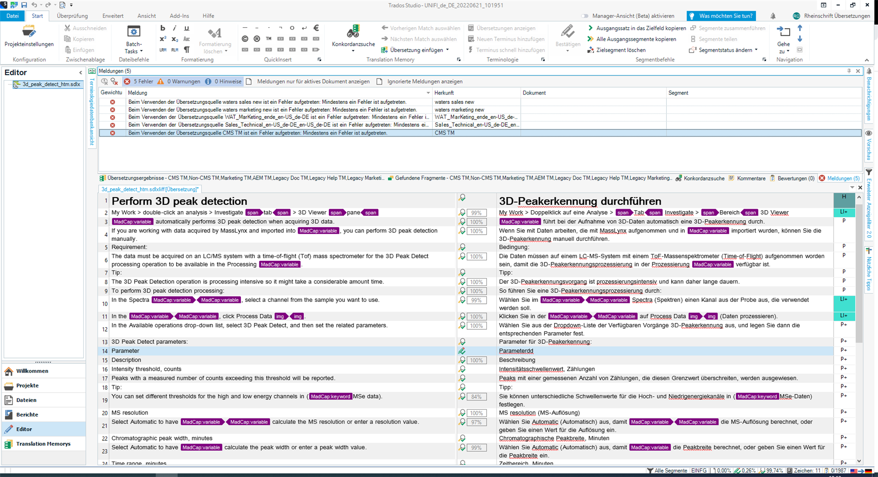 Screenshot of Trados Studio error message stating 'At least one error occurred while writing to the translation memory.' Multiple errors listed for different translation memory files.
