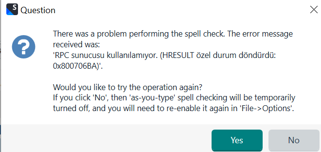 Trados Studio error message dialog box stating a problem with spell check and an RPC server error code 0x800706BA. Options to retry or turn off spell check are provided.