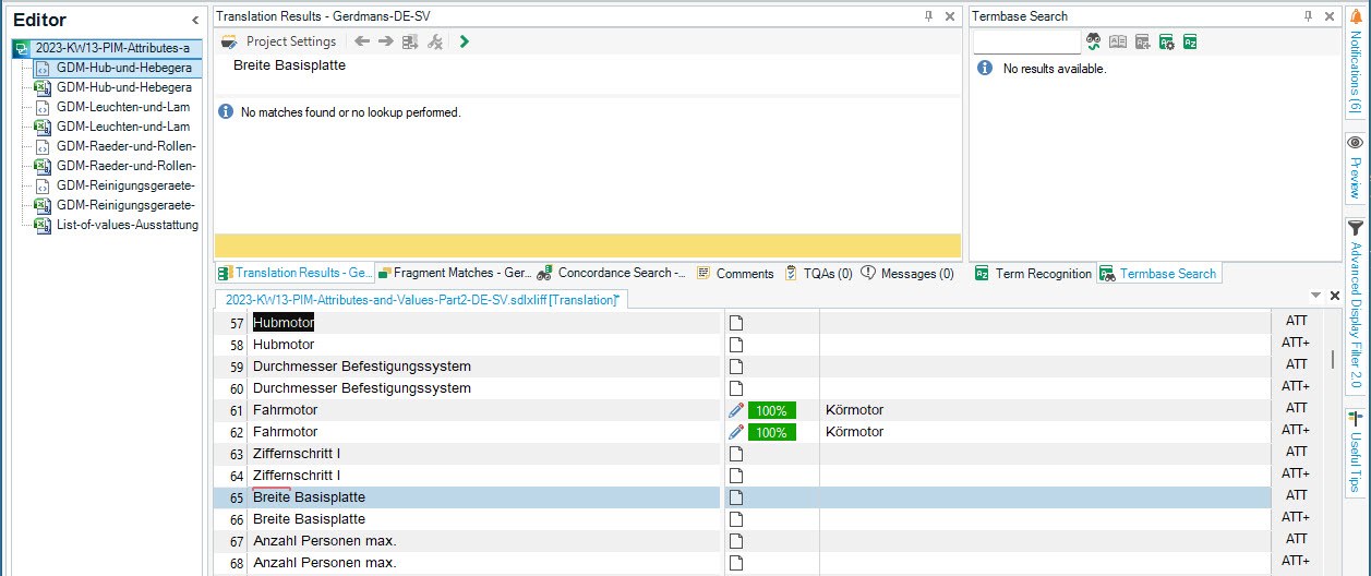 Trados Studio editor interface showing a warning 'No matches found or no lookup performed.' in the Translation Results pane.