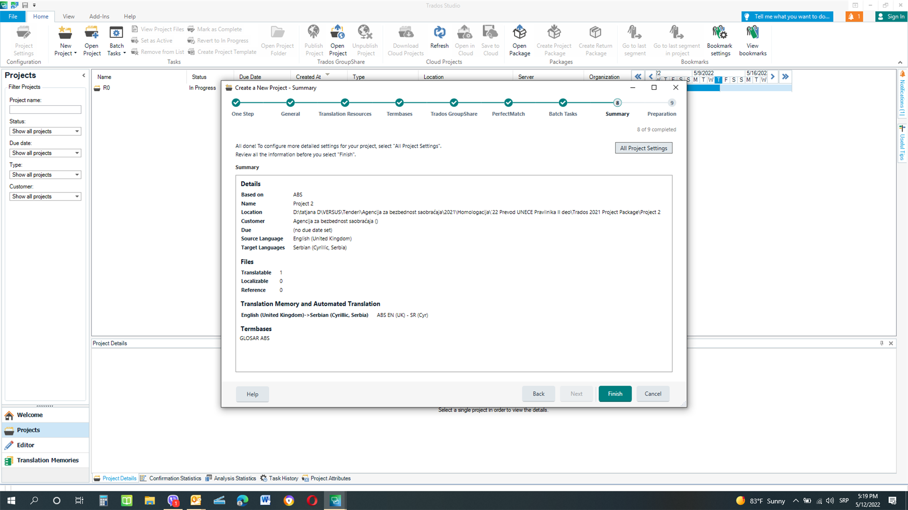 Trados Studio screenshot of the Summary tab displaying project details including name 'Project 2', customer 'Agencija za bezbednost saobra aja', and languages English (UK) to Serbian (Cyrillic, Serbia) with 'GLOSAR ABS' termbase.
