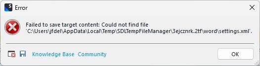 Error dialog box from Trados Studio stating 'Failed to save target content. Could not find file C:UsersusernameAppDataLocalTempSDLTempFileManagerwordfilesettings.xml'. Buttons for Knowledge Base and Community are visible.