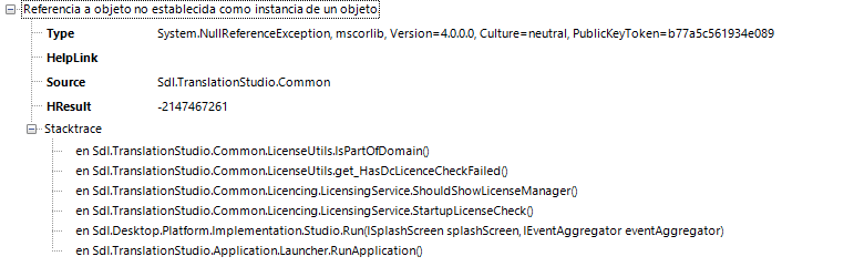 Error message in Trados Studio 2019 stating 'Object Reference not set to an instance of an object' with a System.NullReferenceException type and a stack trace listing several methods related to licensing and application launch.