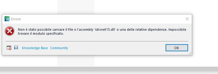 Error message in Trados Studio stating 'Unable to load file or assembly 'idrsnet15.dll' or one of its dependencies. The specified module could not be found.' with an OK button.