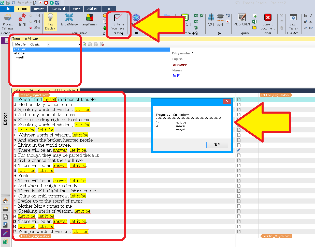 Trados Studio interface with TermBase Viewer window open, showing entries 'answer', 'let it be', and 'myself'.