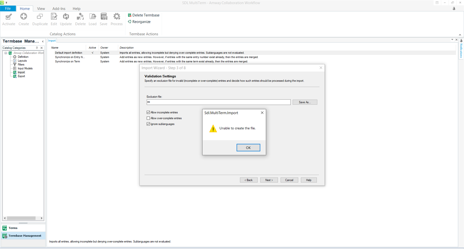 Screenshot of SDL MultiTerm with an error message popup saying 'Unable to create the file.' in the Import Wizard - Step 3 of 8.
