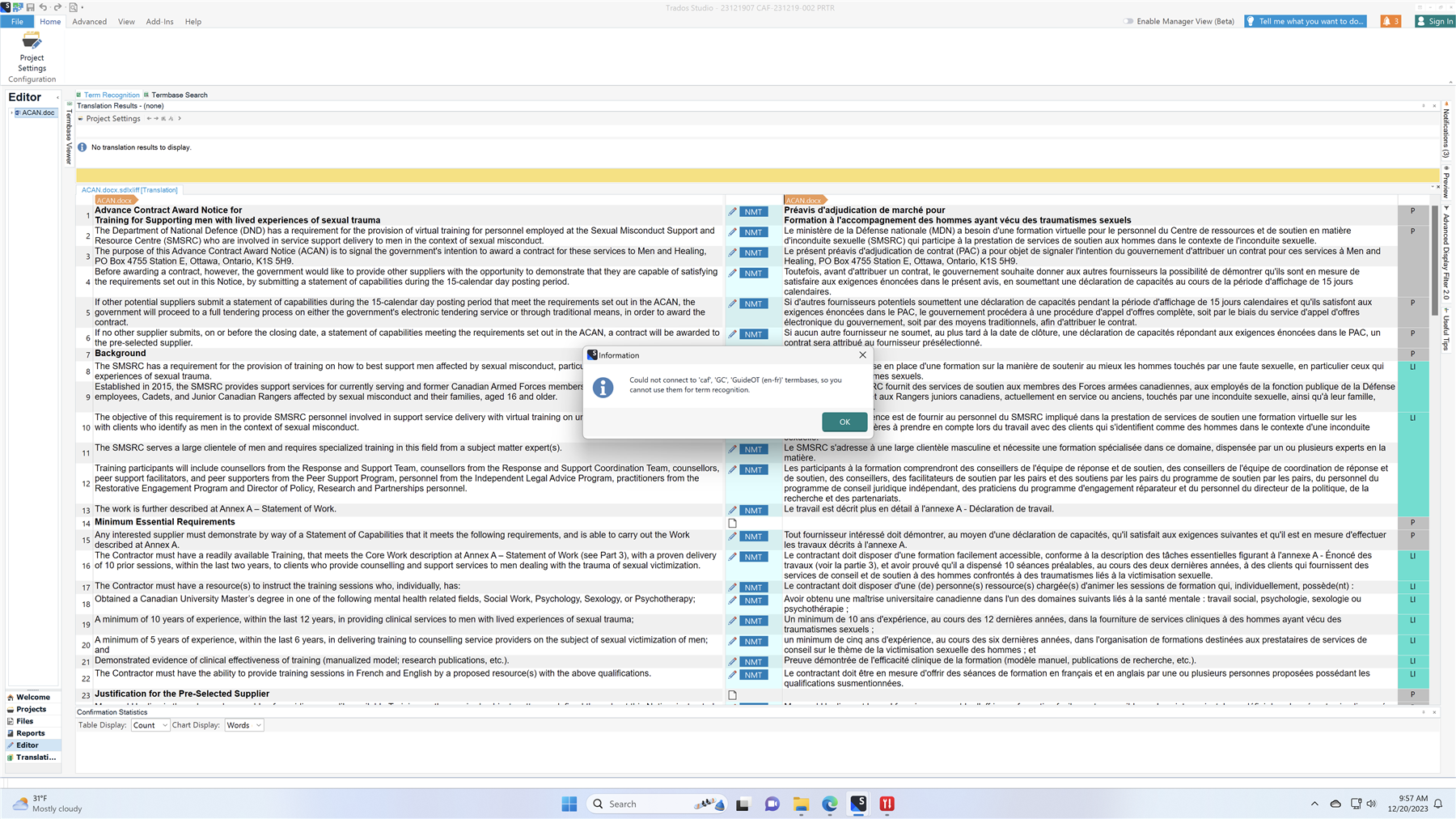 Screenshot of Trados Studio software showing an error message 'Could not connect to 'C:...GVC.tbx'. 'GuidoNet' isn'tembassy, so you cannot use them for term recognition.' with an OK button.