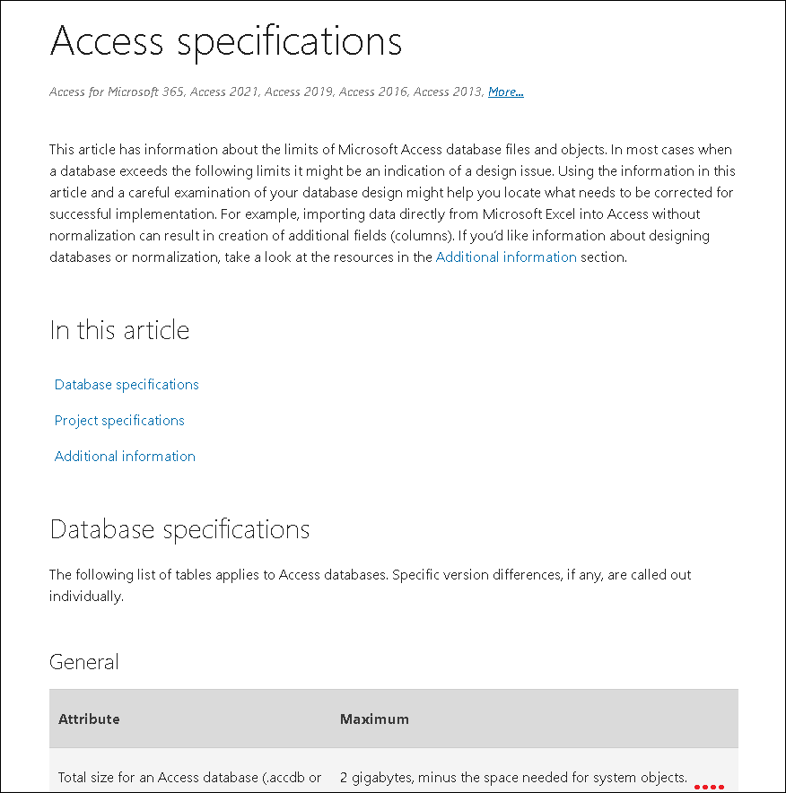 Screenshot of Microsoft Access Specifications page, detailing limits of Access database files and objects, with sections for Database specifications, Project specifications, and Additional information.