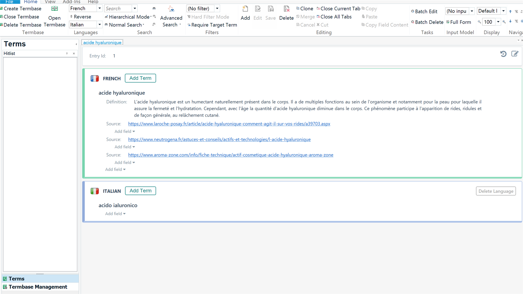 Screenshot of Multiterm with an empty hitlist, but one term 'acide hyaluronique' open on the right side, indicating an issue with term display.