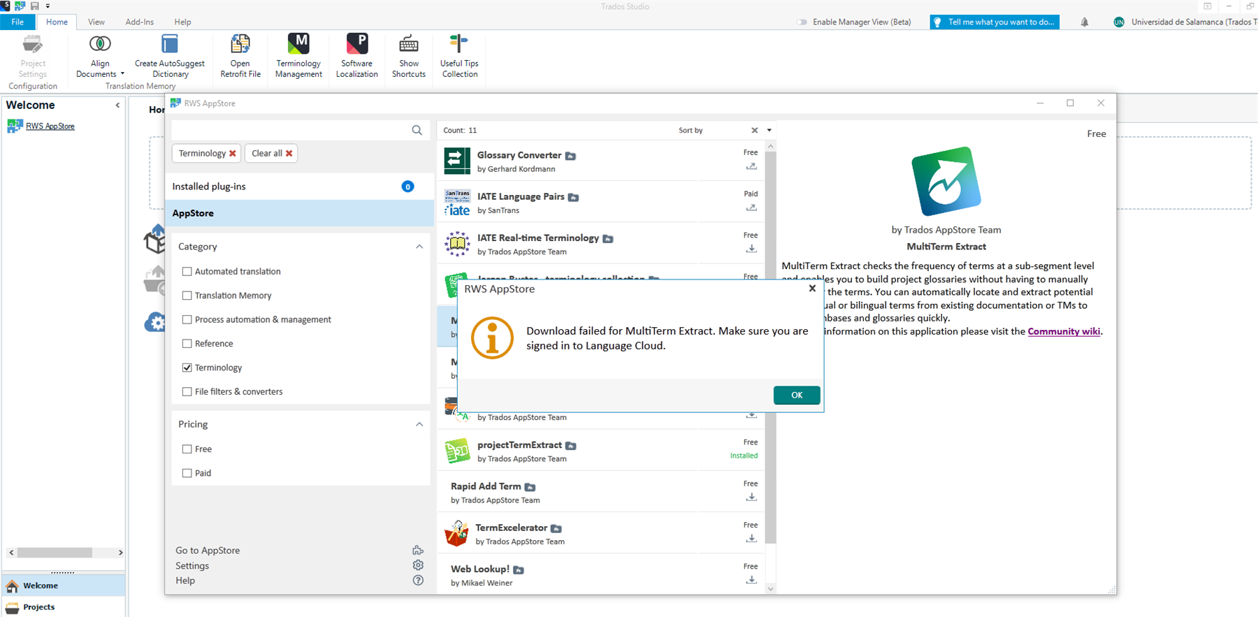 Trados Studio interface showing RWS AppStore with an error message overlay stating 'Download failed for MultiTerm Extract. Make sure you are signed in to Language Cloud.'